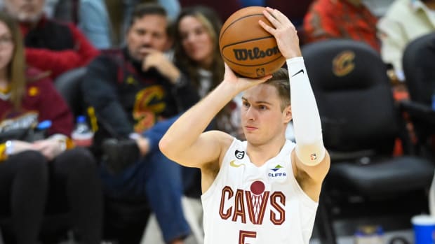 Apr 9, 2023; Cleveland, Ohio, USA; Cleveland Cavaliers guard Sam Merrill (5) shoots in the third quarter against the Charlotte Hornets at Rocket Mortgage FieldHouse. Mandatory Credit: David Richard-USA TODAY Sports